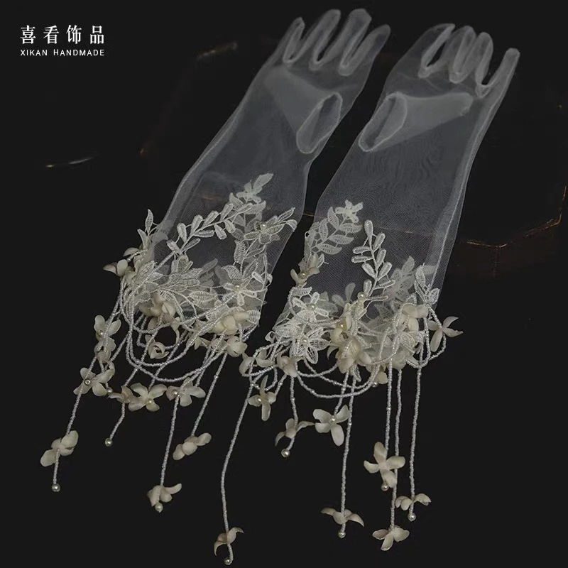 喜看手作手作串珠流苏铃兰复古森系法式蕾丝花瓣新娘头饰