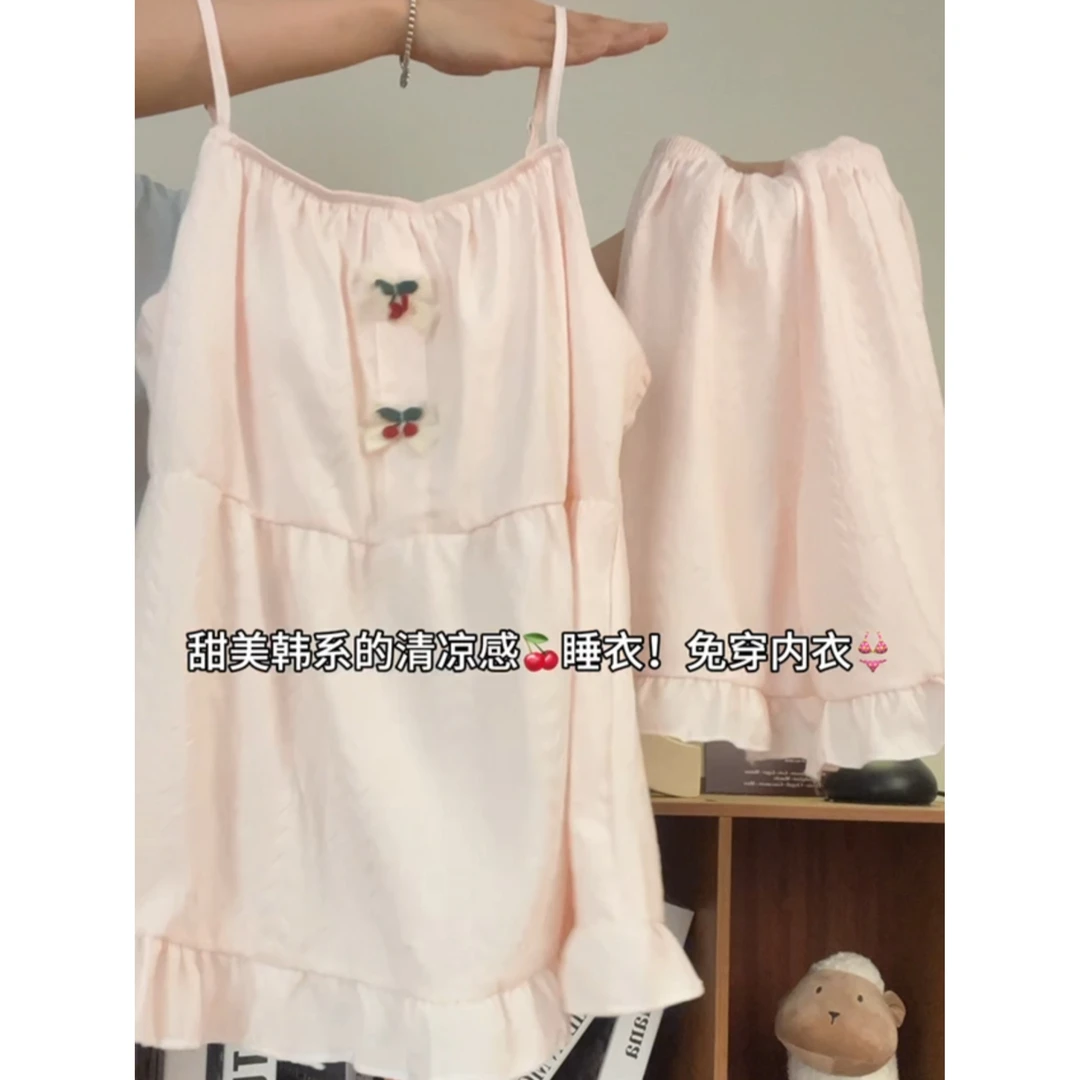 带胸垫睡衣女夏季薄款吊带无袖2025新款可爱公主风家居服套装樱桃