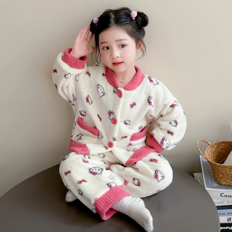 儿童KT猫咪睡衣秋冬季女童珊瑚绒加厚套装女宝宝分体法兰绒家居服