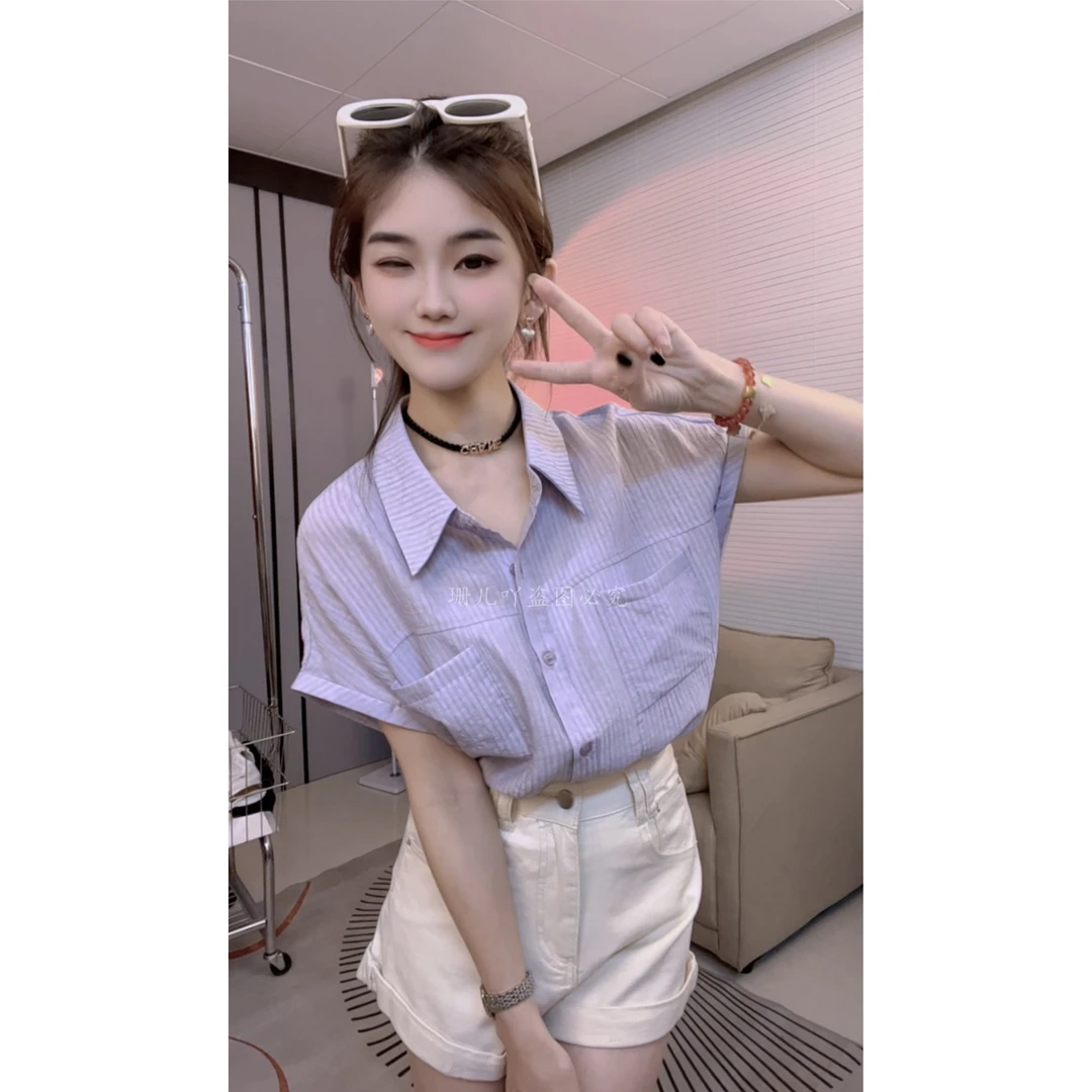韩版POLO领短袖衬衫女夏装2025夏季新款条纹洋气百搭显瘦开衫上衣
