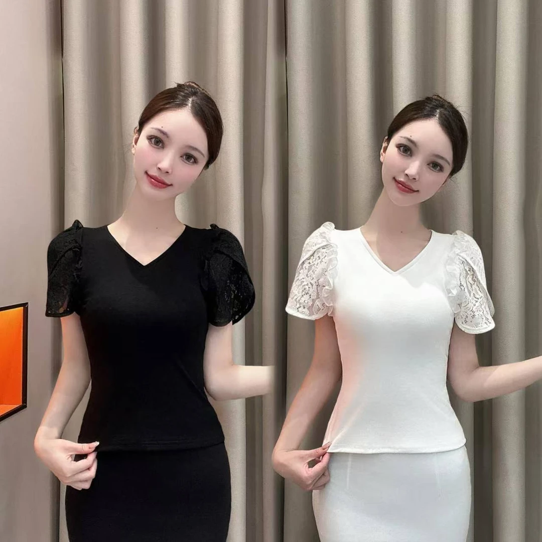 【完美无瑕】夏季薄款V领蕾丝短袖T恤修身时尚百搭气质潮流休闲透气