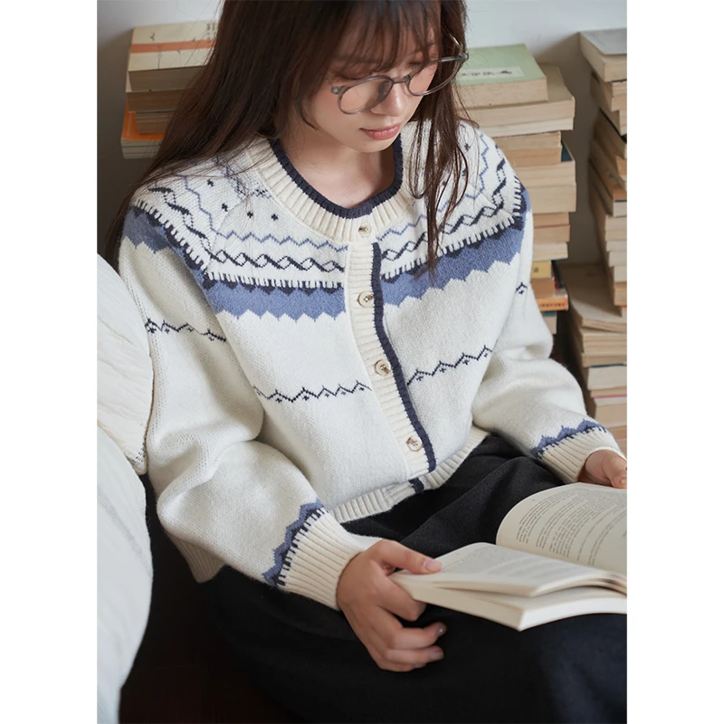 晒晒自制 费尔岛撞色开衫毛衣外套女秋冬小个子慵懒文艺