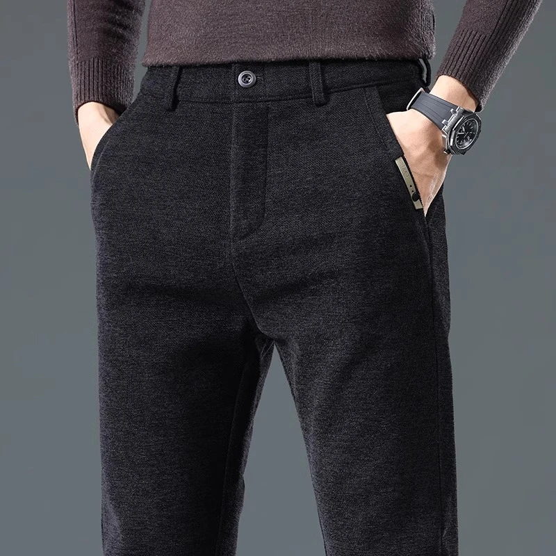 香港冬季加绒男士休闲裤磨毛修身直筒长裤男中年潮牌百搭弹力男裤