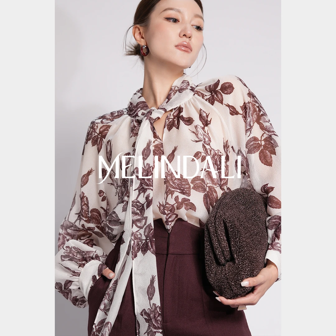 Melinda Li【剪影玫瑰】法式优雅三醋酸印花飘带复古灯笼袖长袖衬衫