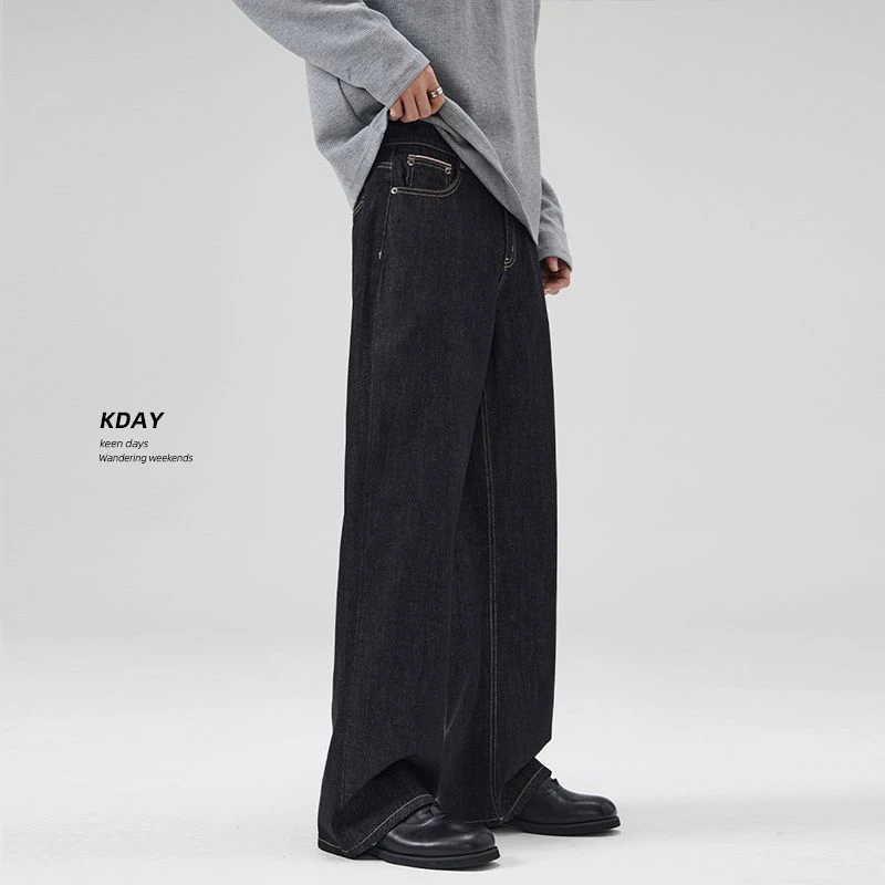 KDAY春夏新款老钱风原黑蓝牛赤耳牛仔裤男直筒宽松A字百搭长裤潮