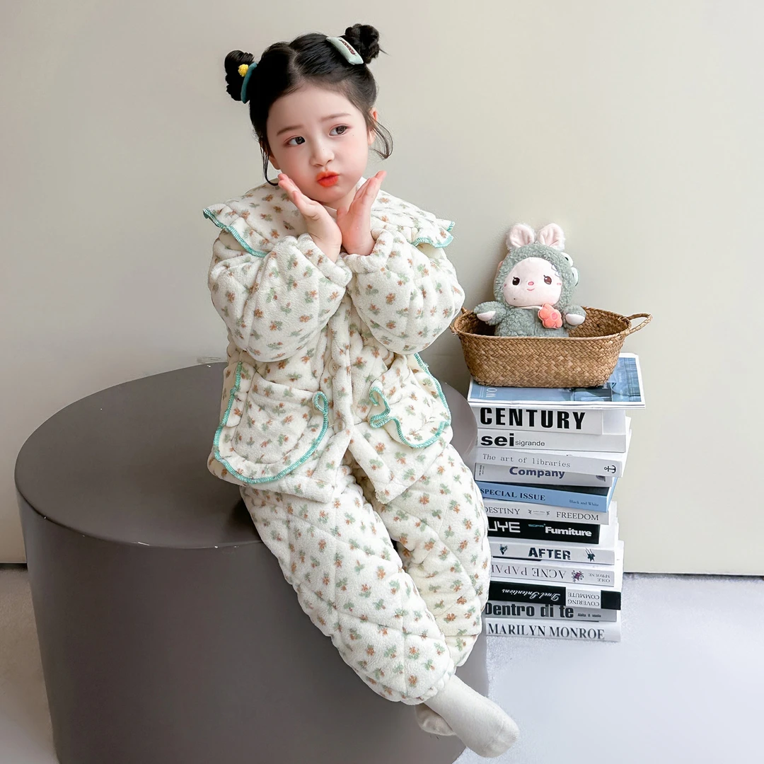 儿童加绒加厚睡衣女童法兰绒三层夹棉保暖套装女宝宝珊瑚绒家居服