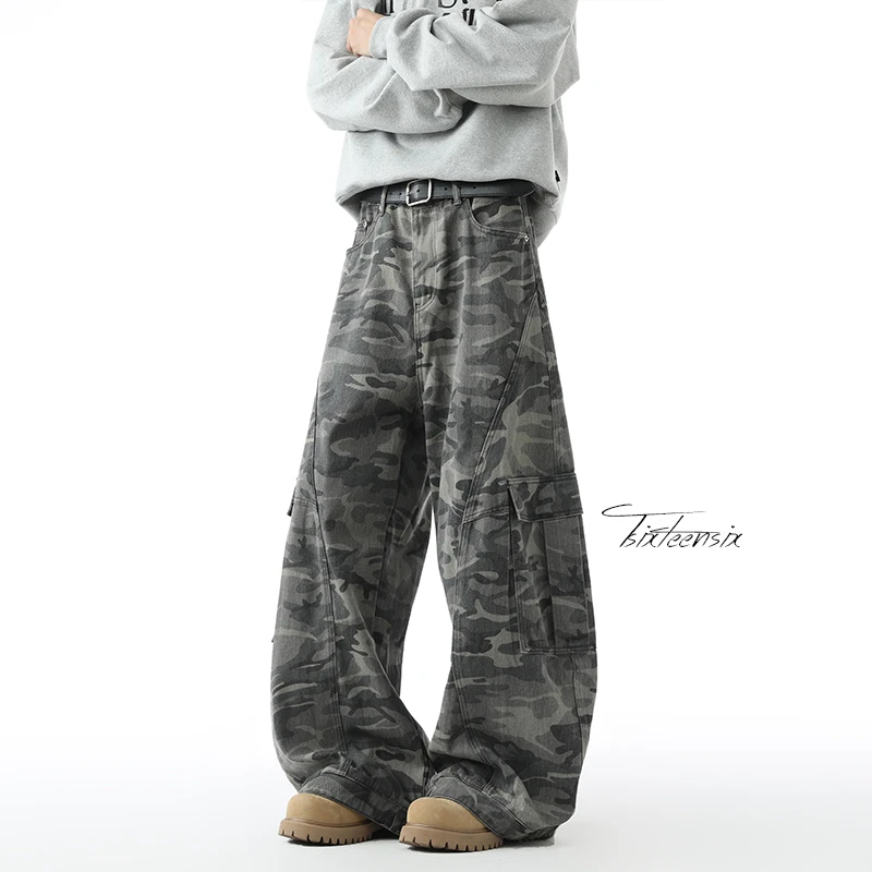 美式复古多口袋迷彩弯刀牛仔裤男女设计感痞帅宽松阔腿工装牛子