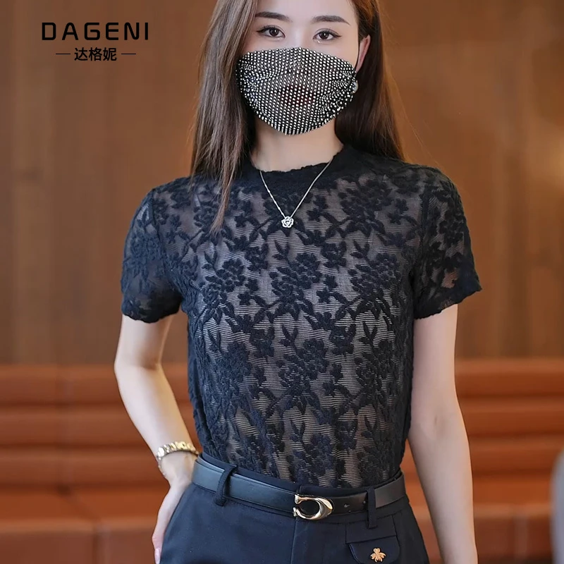 女人味微透提花网纱短袖T恤2025夏季薄款性感蕾丝衫气质短袖上衣