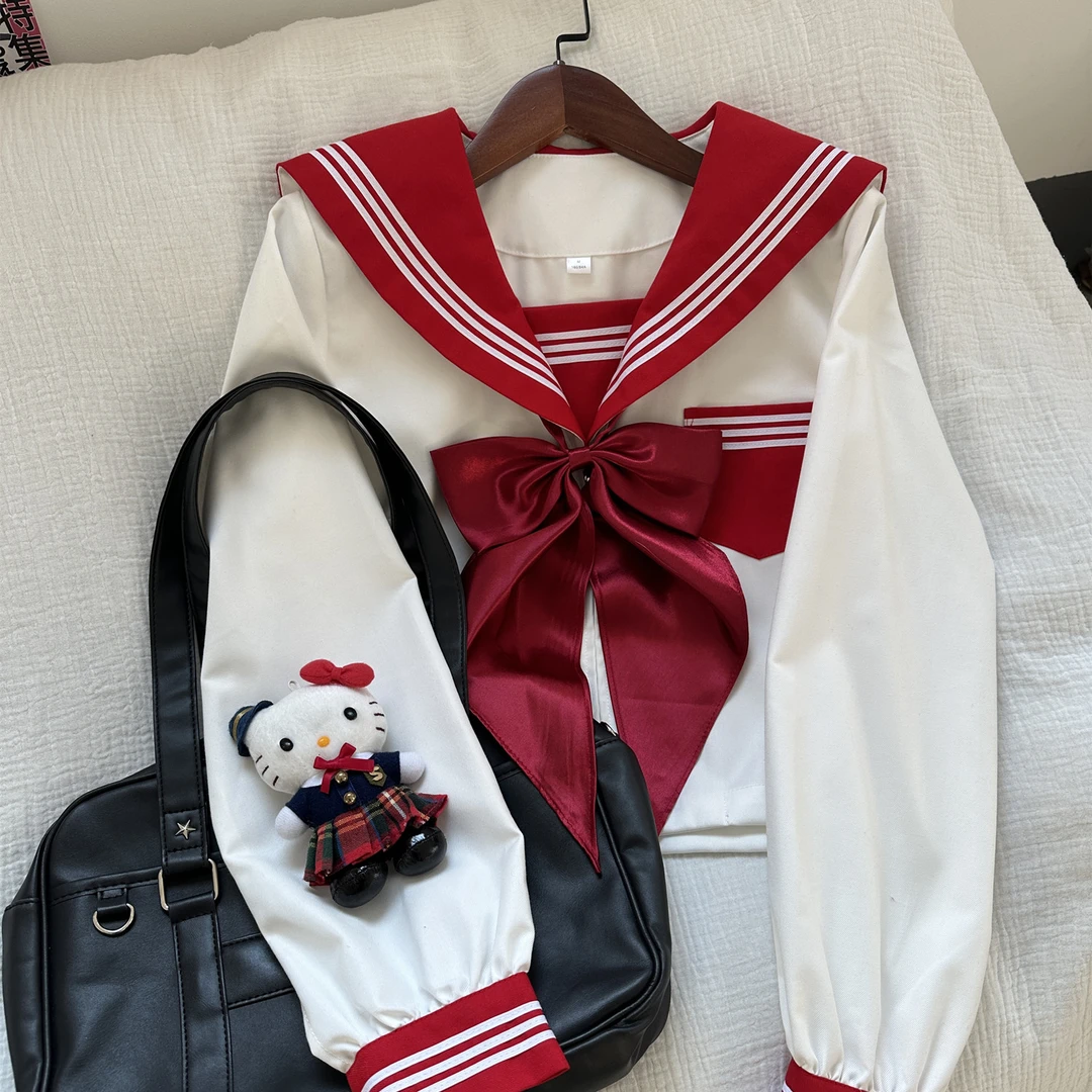 熊补补原创jk制服日系校服多巴胺长袖学院风红色基础款水手服套装