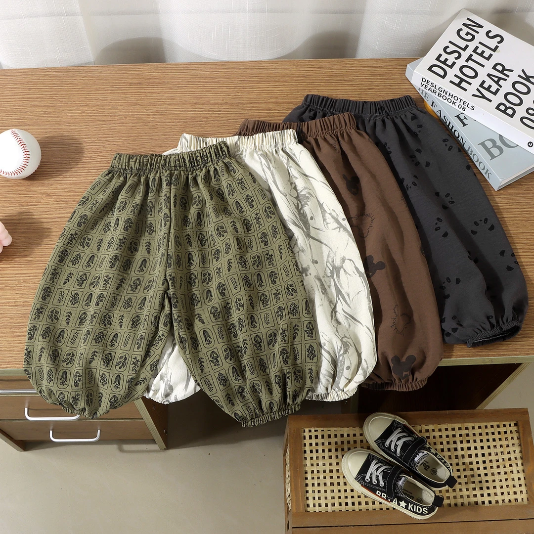 夏季冰丝麻灯笼裤儿童宽松凉爽碎花防蚊裤透气薄款男女宝宝束脚裤