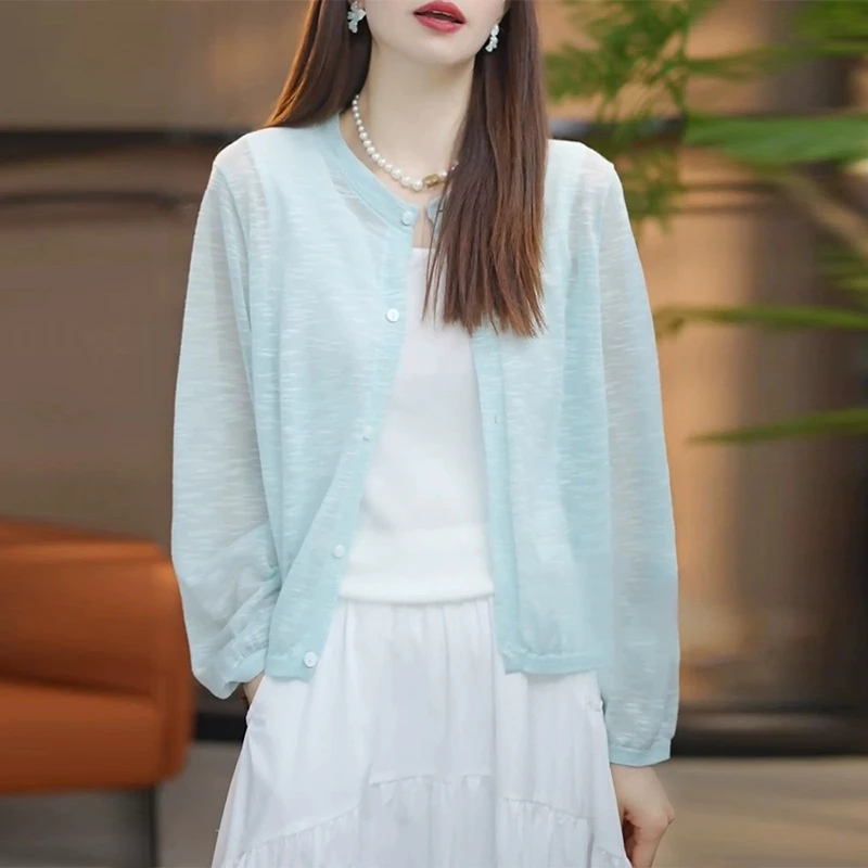 蓝色薄款防晒针织衫女外搭开衫2025年夏季新款韩系慵懒宽松上衣服