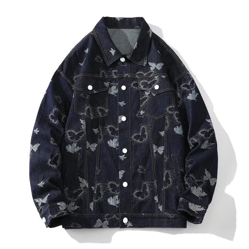 【SCRM】复古时尚蝴蝶花翻领牛仔外套男款宽松ins潮牌显瘦气质衬衫