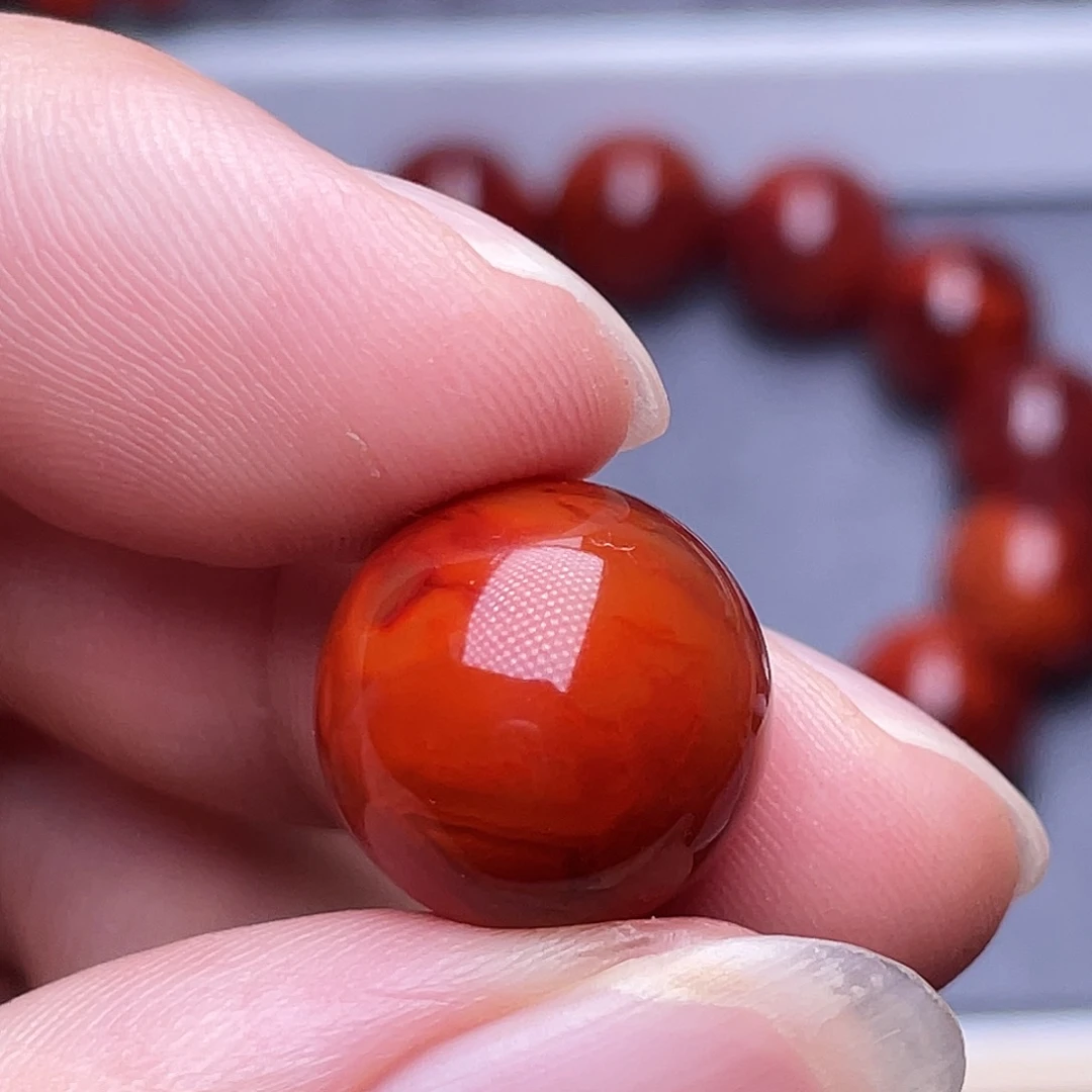 南红玛瑙未镶嵌挂件15mm瓦西柿子红满色满肉火焰纹单珠