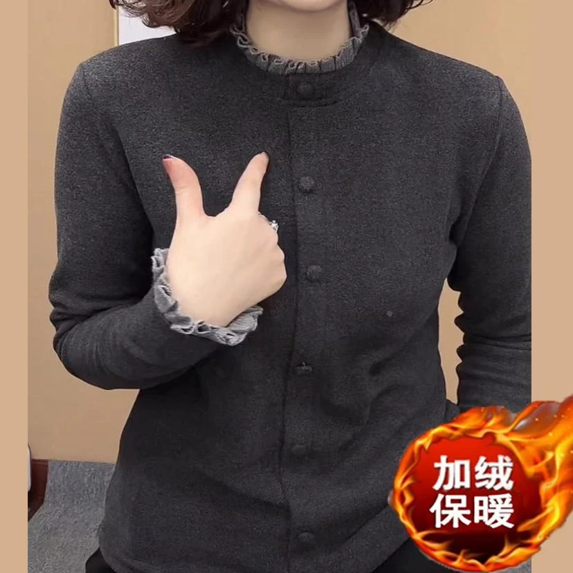 秋冬季新款妈妈装双面德绒打底衫女气质设计感木耳领长袖保暖上衣