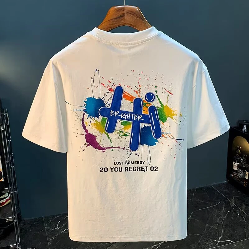 夏季新款时尚潮流印花半袖体恤衫男士轻奢潮牌恤男圆领宽松百搭