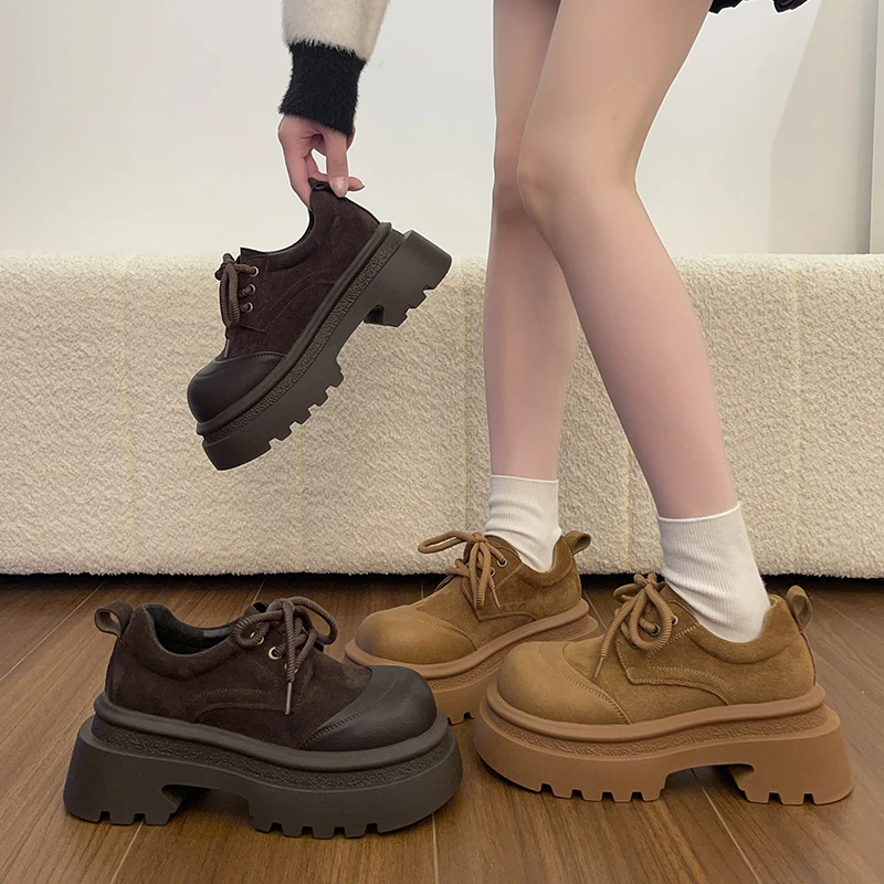 英伦风复古圆头拼接厚底松糕单鞋女款春秋新款增高显瘦系带勃肯鞋