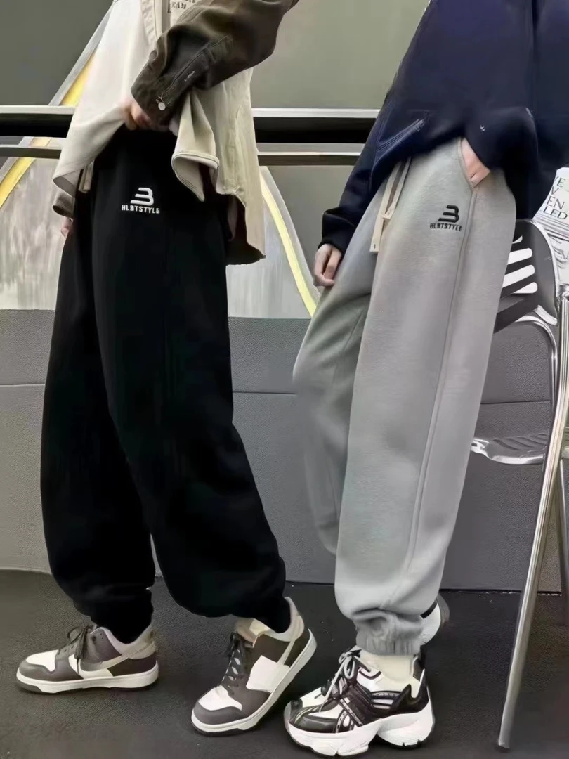 【2条装】冬季青少年加绒加厚时尚百搭潮流休闲裤；男女款宽松直筒裤