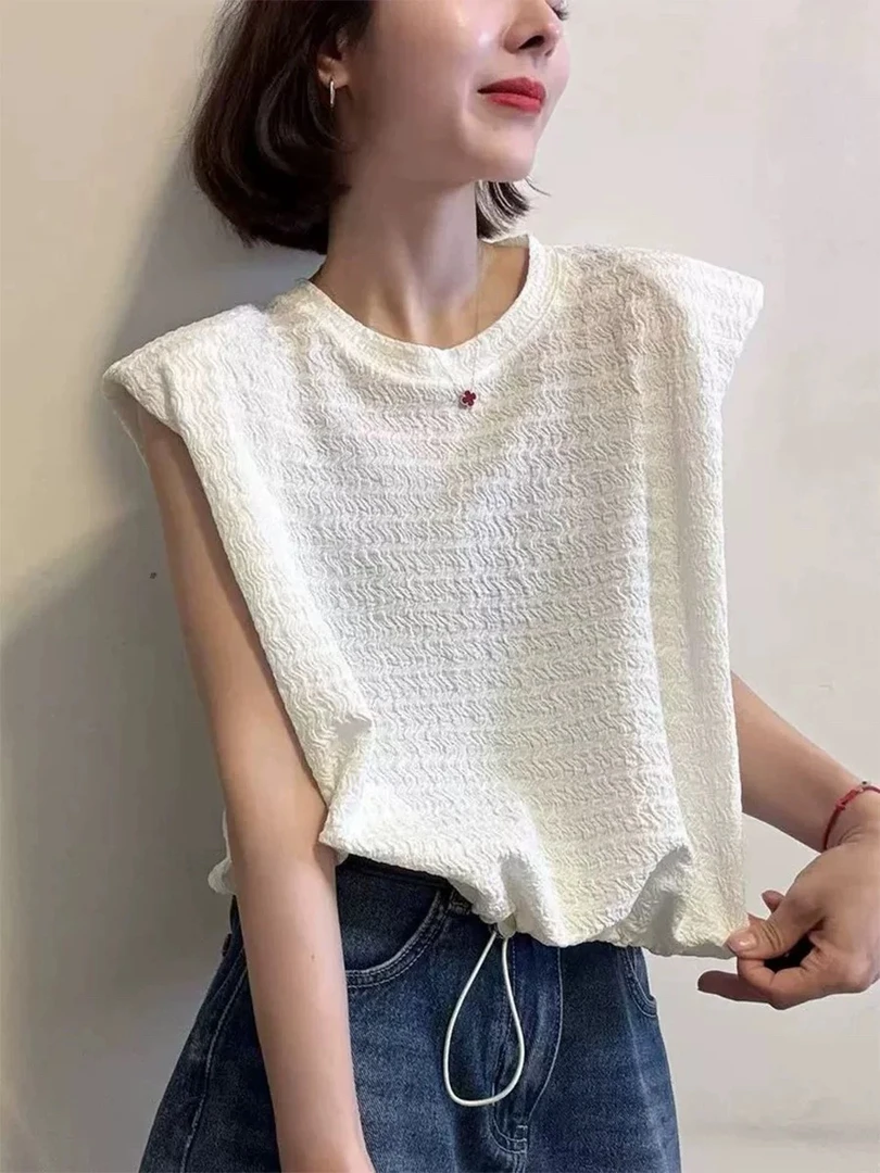 无袖肌理感带垫肩T恤5725