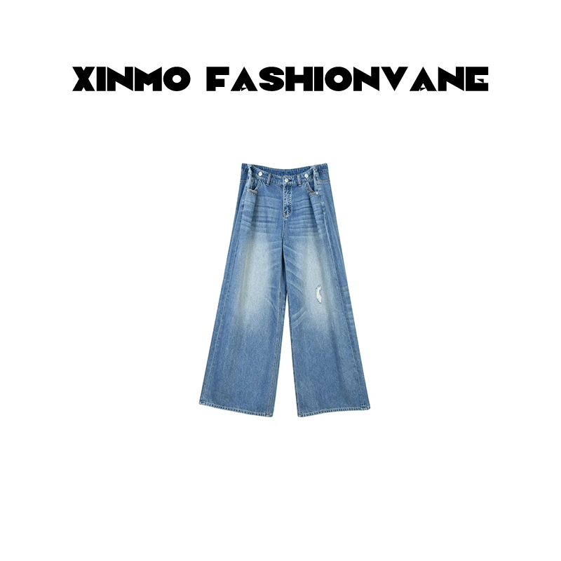 【婉婉】设计感破洞复古宽松显瘦阔腿水洗丹宁牛仔裤C24121601