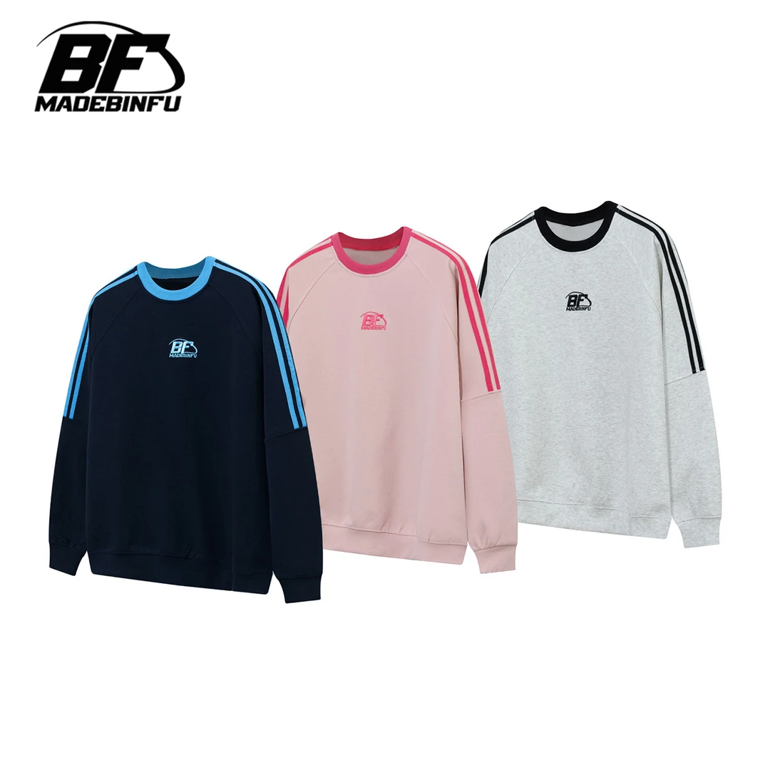 BINFU 2025春季新款拼色三条织带宽松男女同款情侣装圆领卫衣