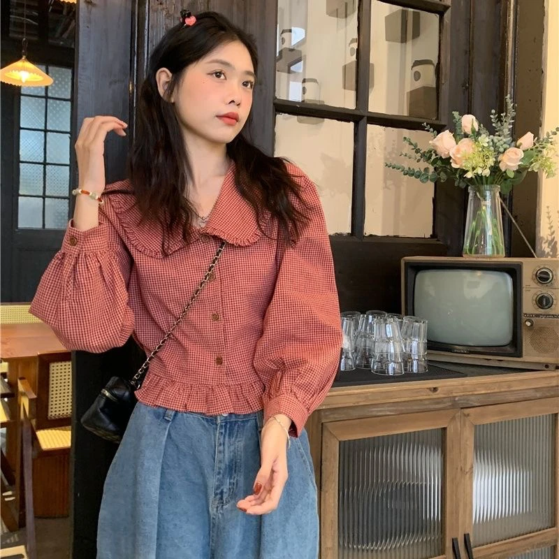 韩系领木耳边设计格子娃娃长袖秋季衬衫2025新款宽松甜美可爱衬衫