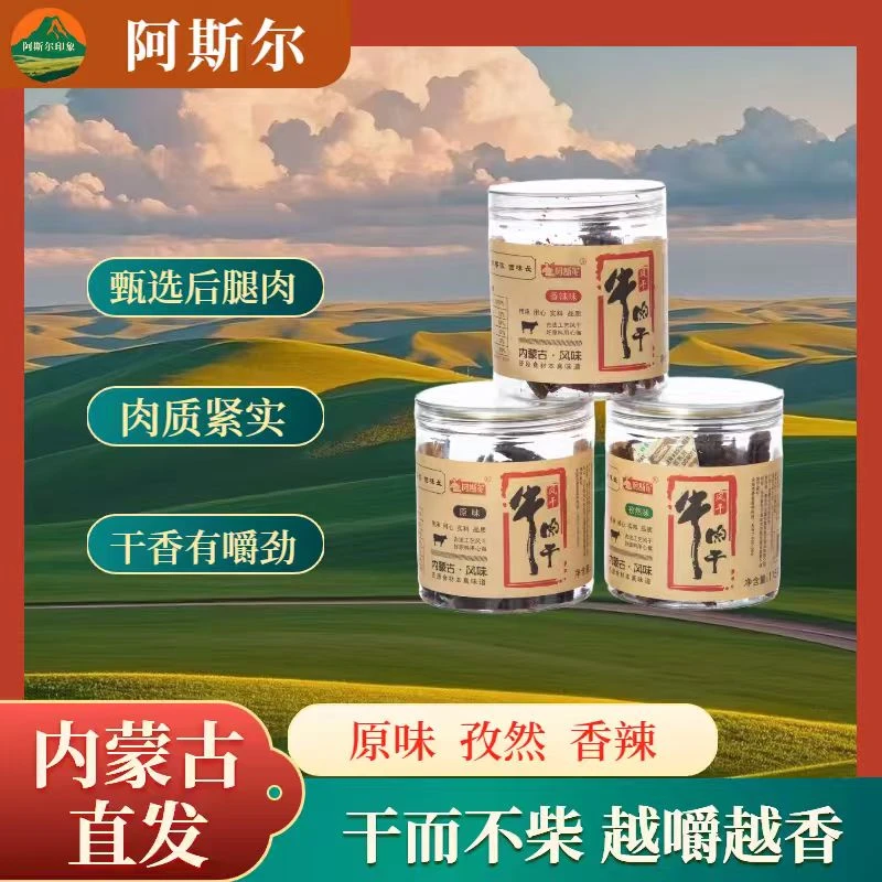 内蒙古地道特产干原味孜然香辣味有嚼劲纯风干牛肉条115g罐装