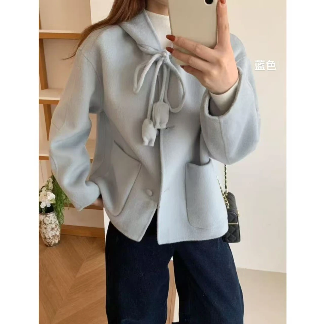 韩系温柔连帽短款大衣（配花朵系带）8810652 衣长58