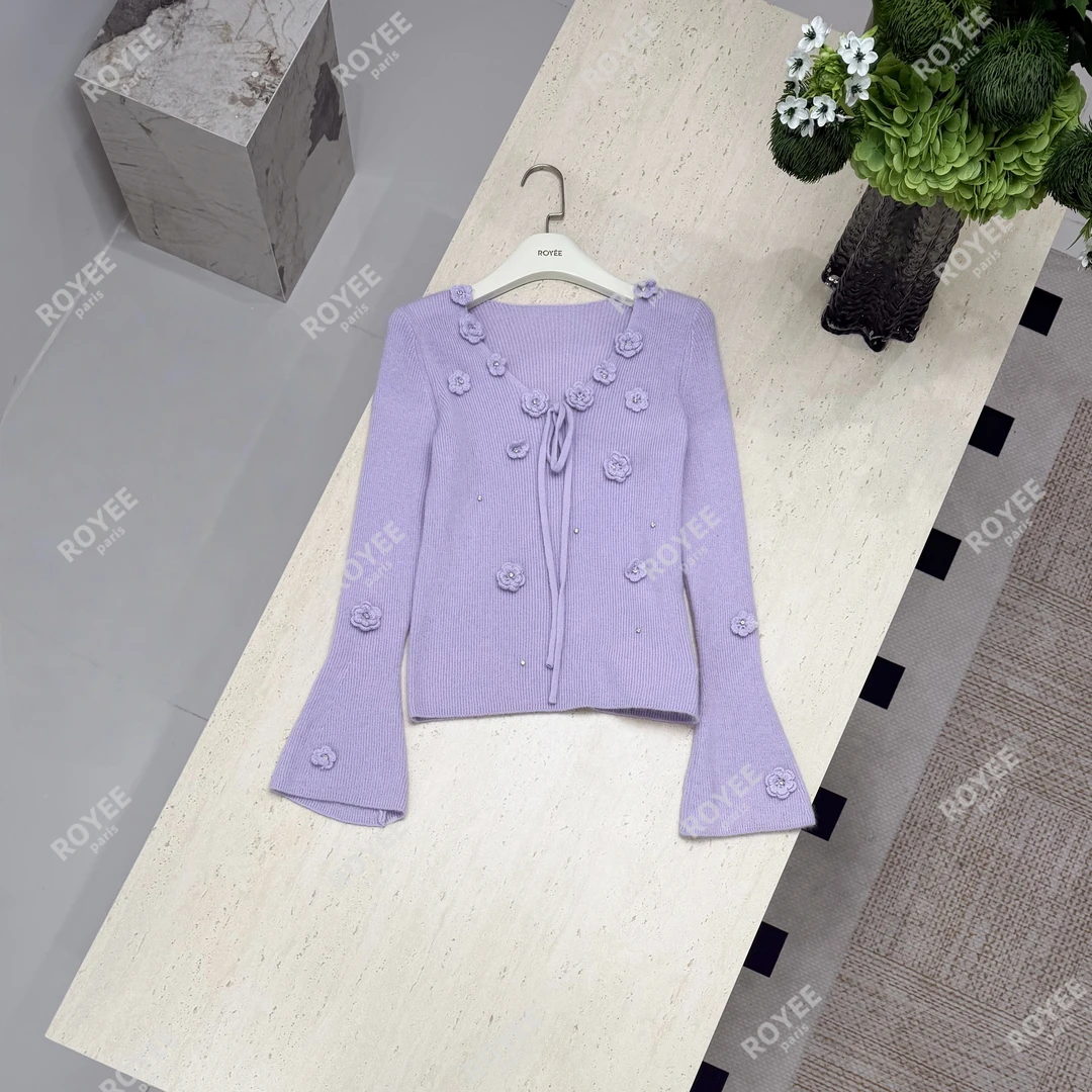 【紫落柔光】法式甜美温柔立体花朵系带蝴蝶结针织衫上衣女RY1833