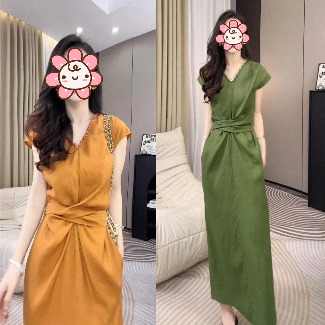 小众女装V领连衣裙2025长款法式老钱气质亚麻收腰显瘦裙子