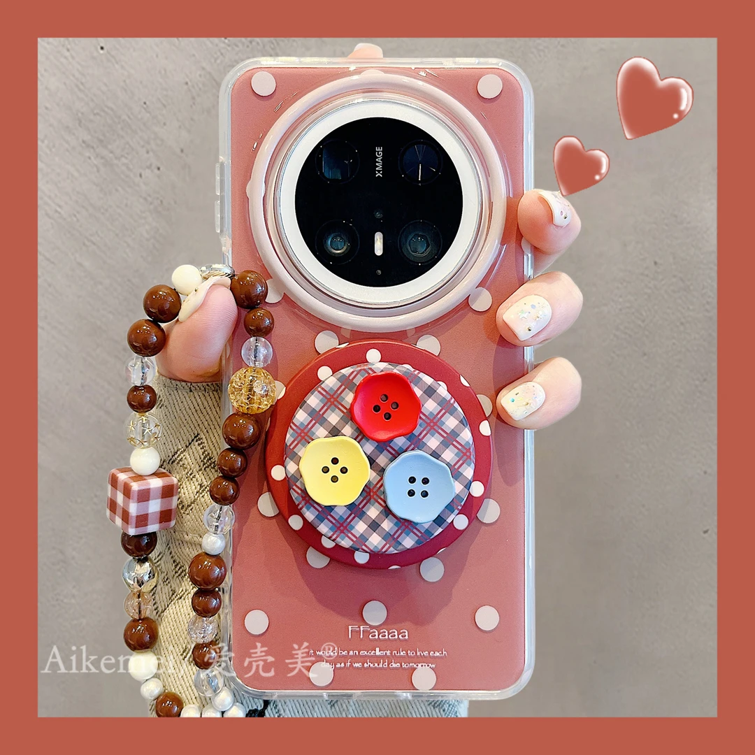 适用华为mate70pro+手机壳棕色波点mate60pro+格纹纽扣磁吸支架女