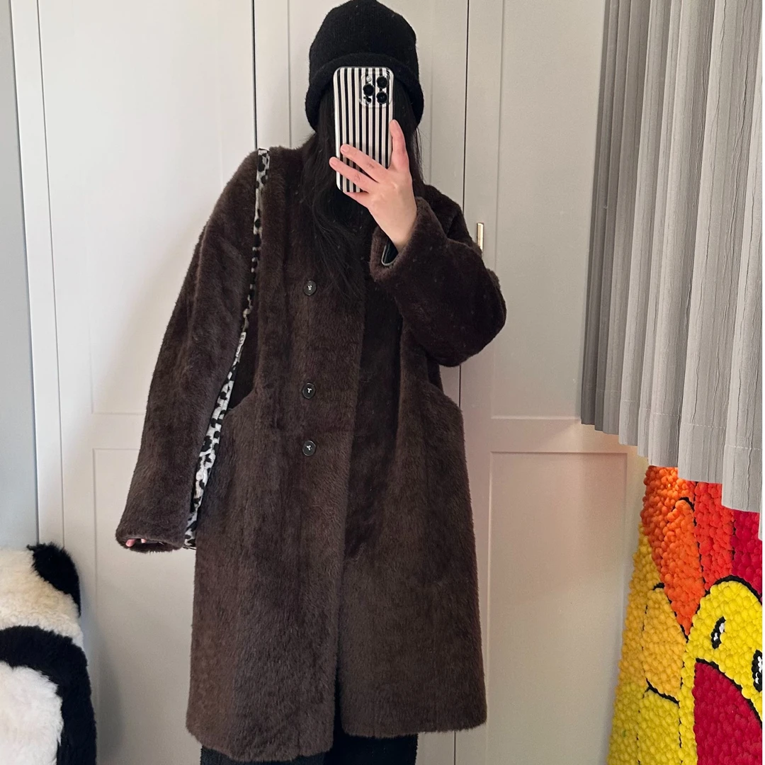 进口西班牙100%真拉贡原生态皮毛一体外套女冬季新款大衣中长款