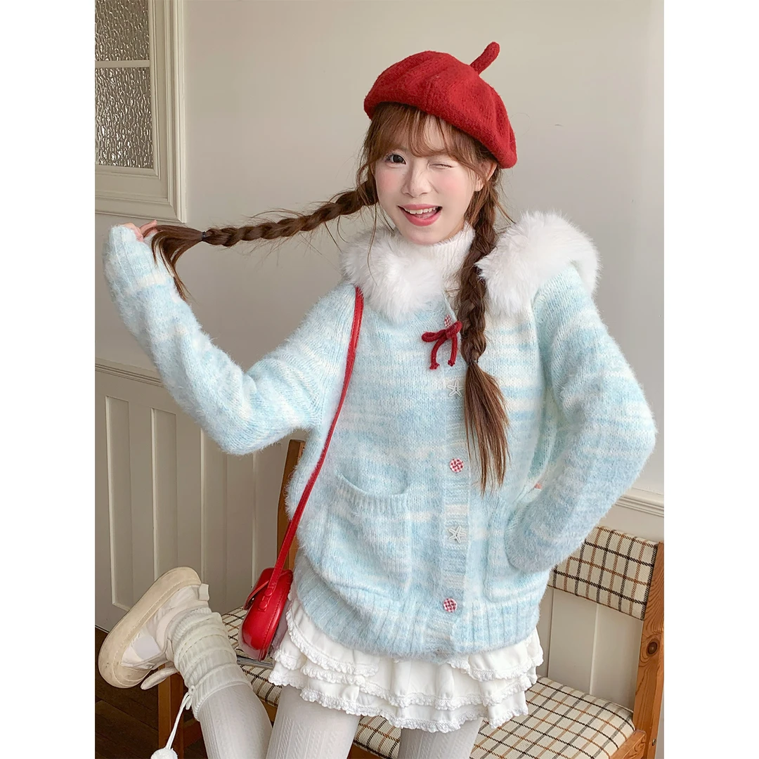 【新品】sinsingirl 蓝色彩线毛领针织衫