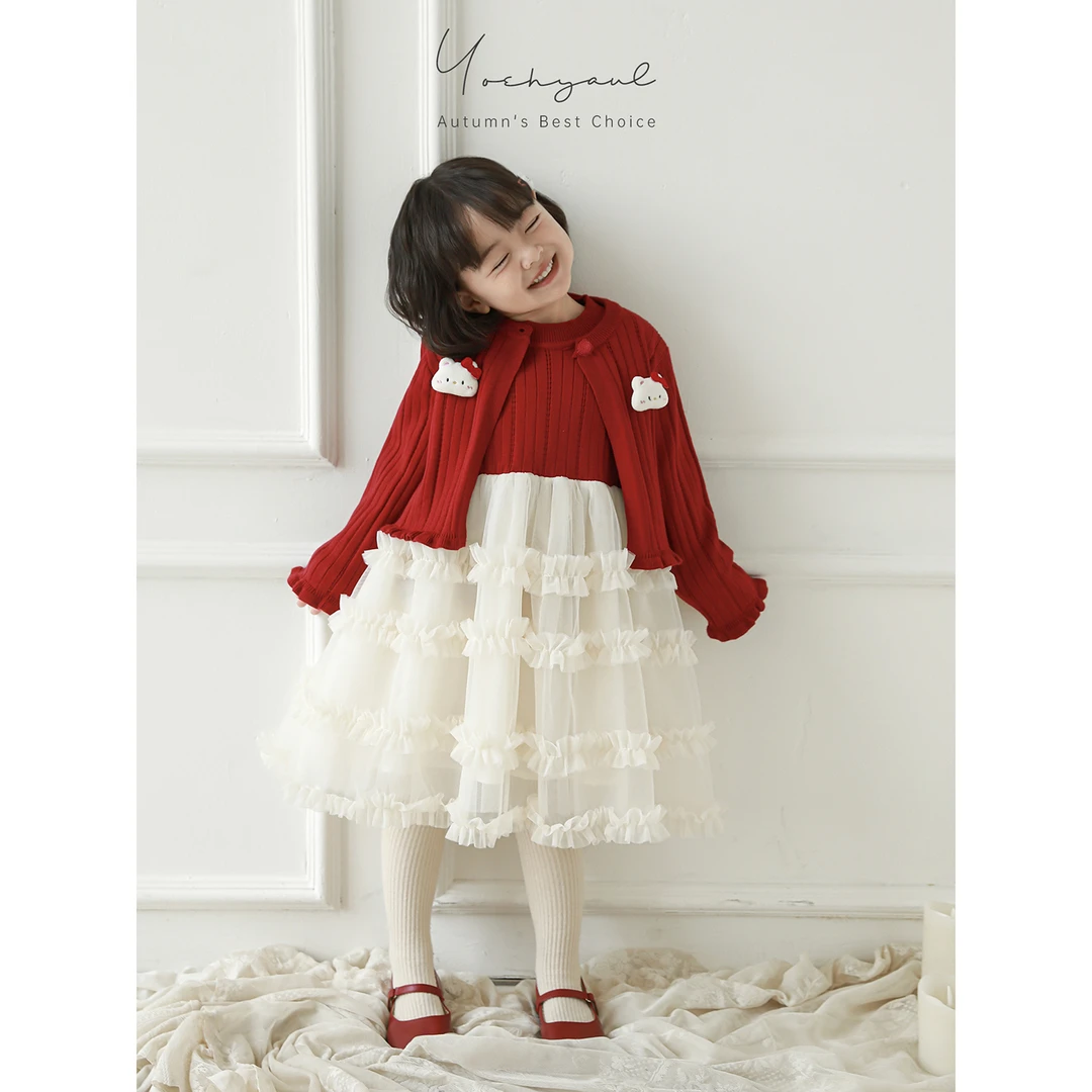 幼悠女童秋装纱裙毛衣开衫套装日韩童装可爱超萌儿童衣服潮Q4663