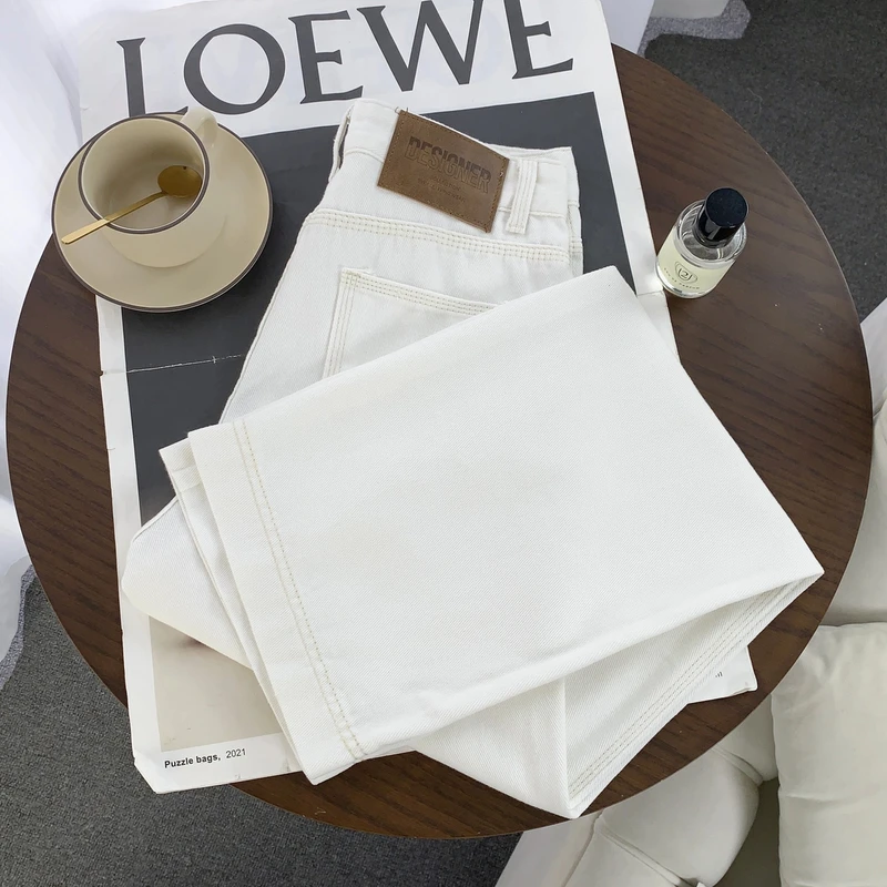 【送腰带】2025春夏新款白色牛仔裤女高腰窄版阔腿直筒裤8208.韩