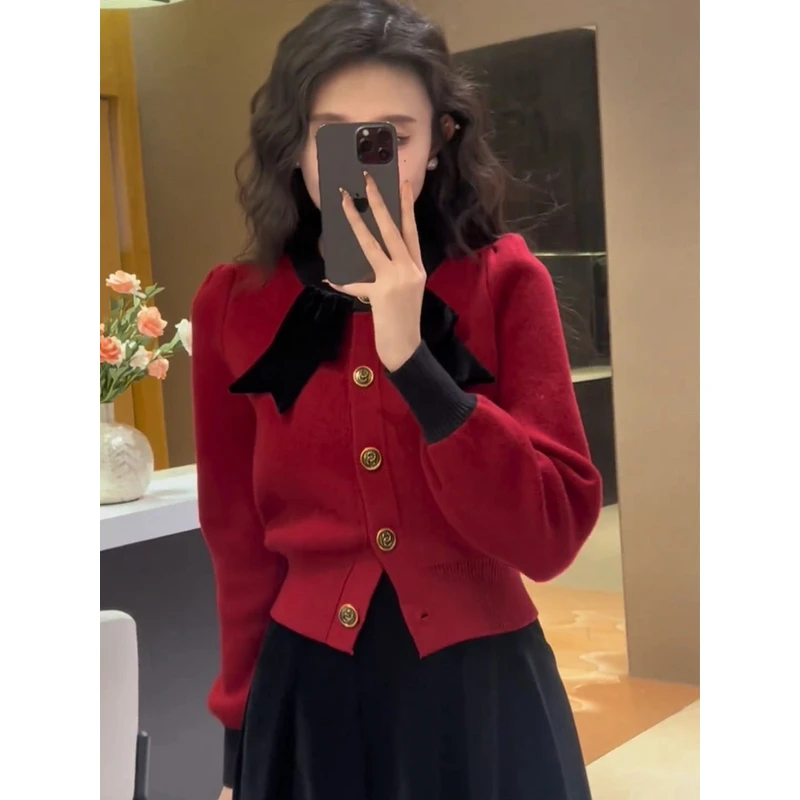 法式红色蝴蝶结领带毛衣开衫女2024复古气质小香风泡泡袖针织衫女