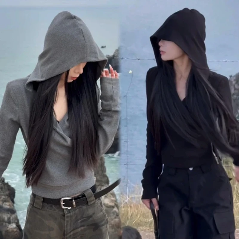 设计感小众灰色连帽长袖卫衣女2025春秋新款时尚百搭修身打底上衣