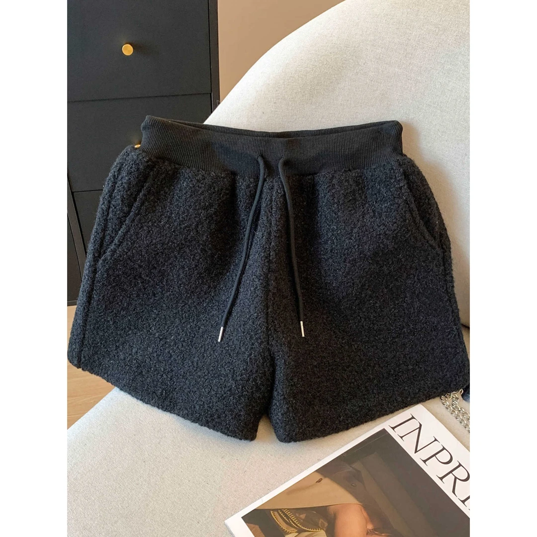 WU敌好看！法式慵懒风毛绒阔腿短裤女冬季加厚抽绳高腰a字休闲裤子