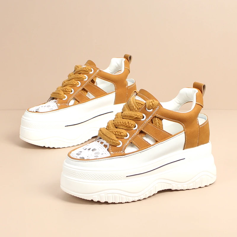 运动老爹凉鞋女新款夏季镂空内增高8CM小白鞋厚底透气休闲洞洞鞋