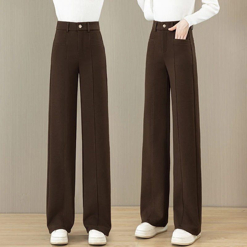 咖色休闲窄版阔腿裤女秋冬2025新款加厚显瘦高腰百搭直筒长裤子