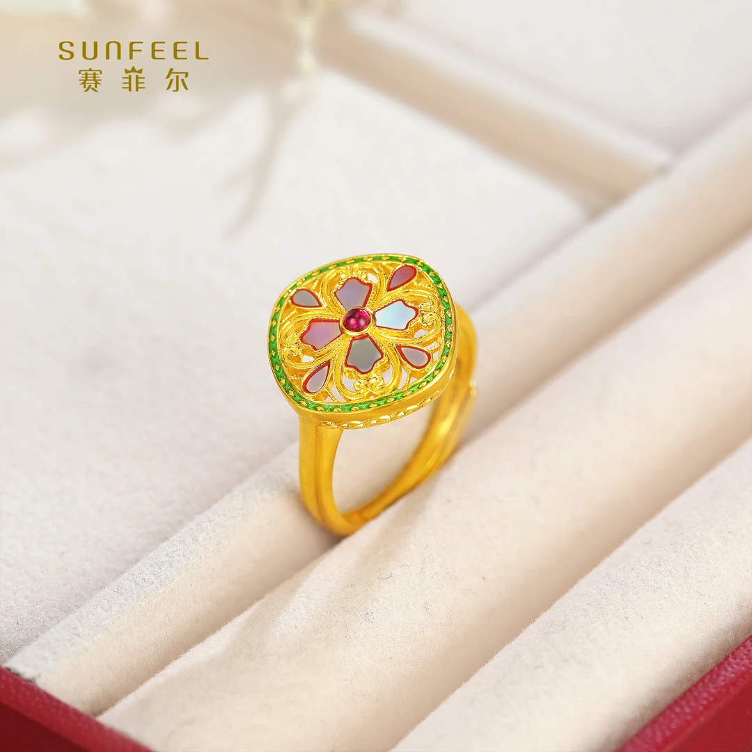 SUNFEEL/赛菲尔【一店】足金古法金珐琅菱形戒指-螺钿系列HJ010317