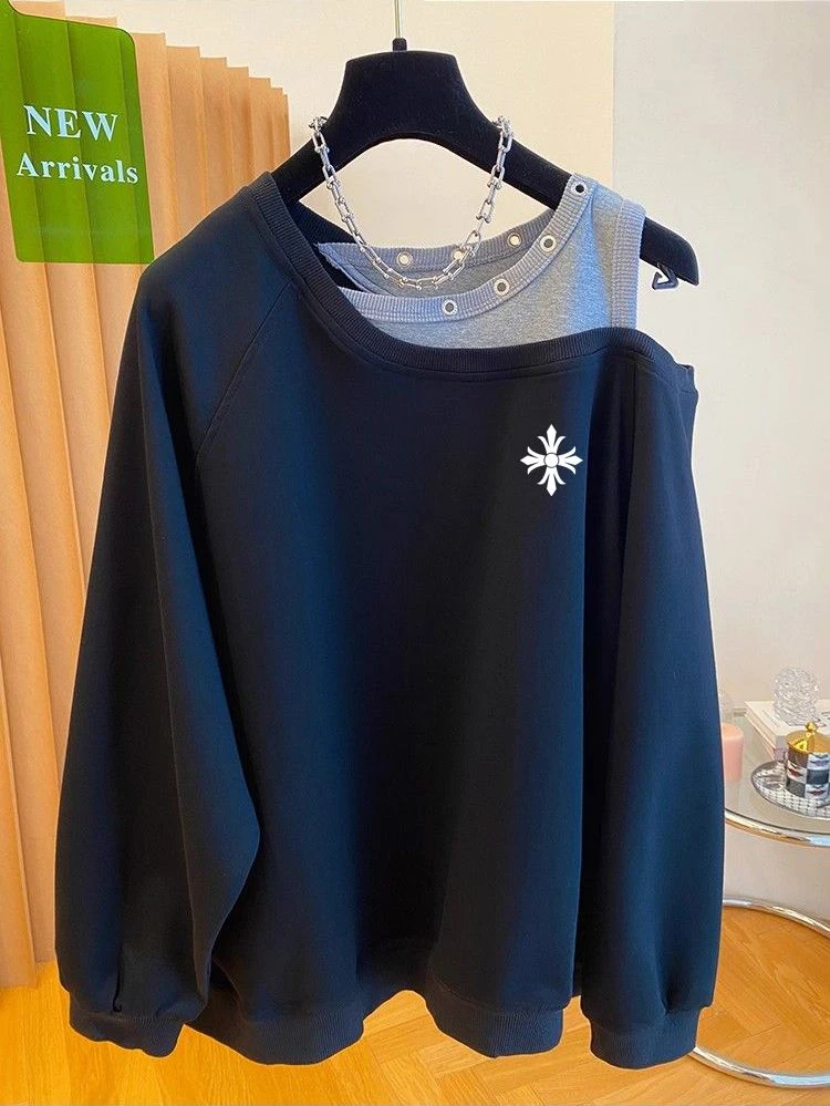 辣妹假两件斜肩露肩长袖圆领卫衣女秋季新款上衣印花图案美式潮流