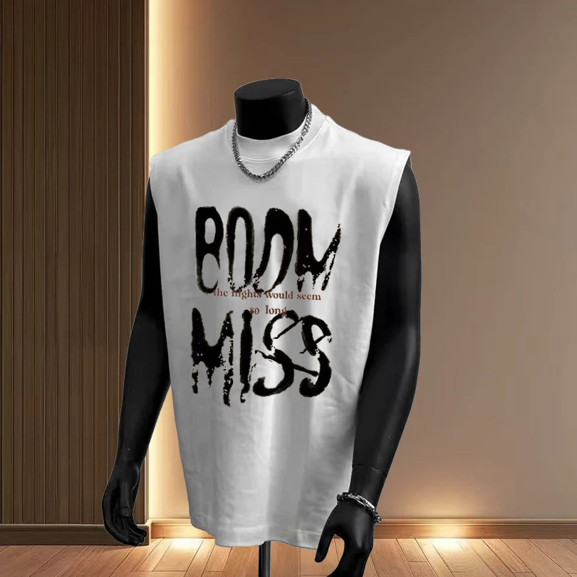 简约新款舒适时尚背心百搭纯棉气质男潮流ins小圆领印花无袖流行