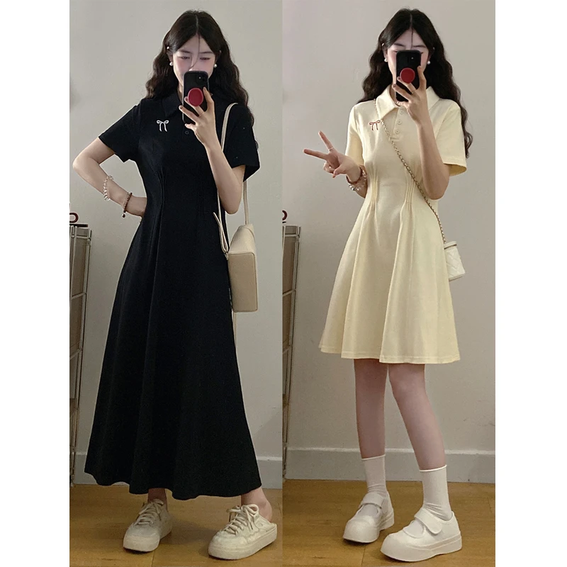 大码女装胖mm夏季新款收腰捏褶polo领刺绣连衣裙洋气法式小裙子