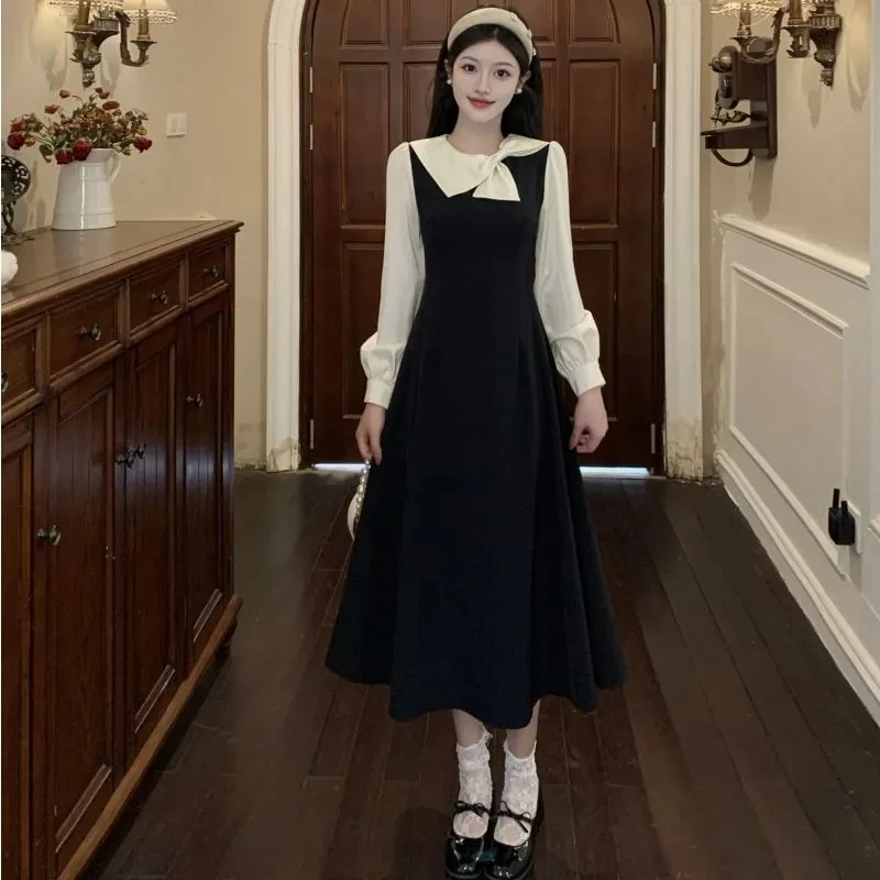 大码女装赫本风假两件连衣裙春秋季新款富家千金风气质超仙中长裙