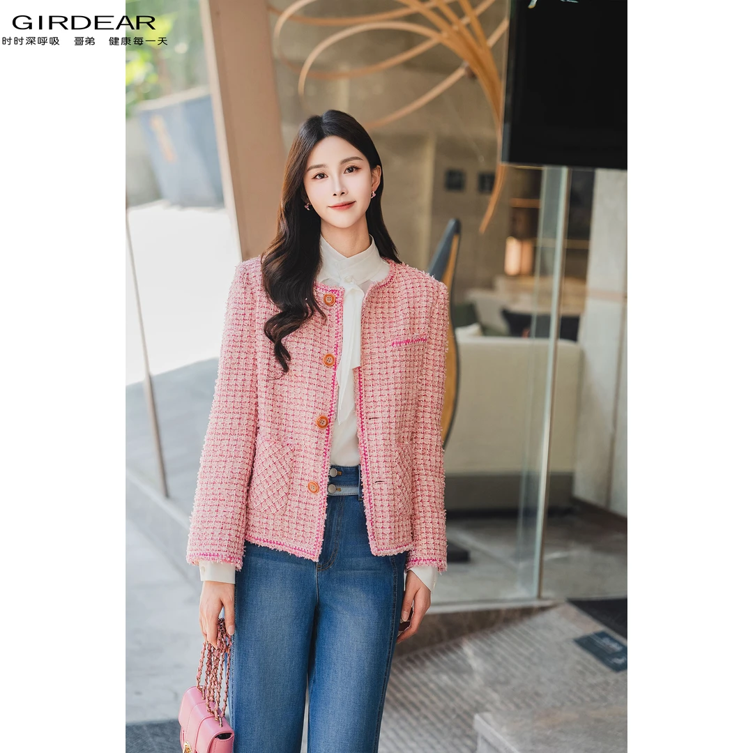 GIRDEAR/哥弟秋冬新款气质老钱风百搭质感粗花呢小香风外套140042