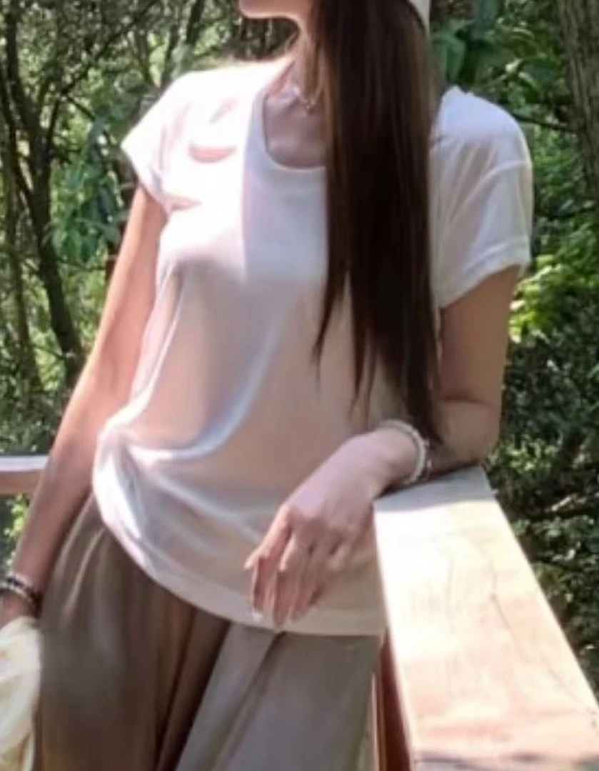 夏季新款美式复古白色短袖正肩t恤独特绝美短款修身上衣薄