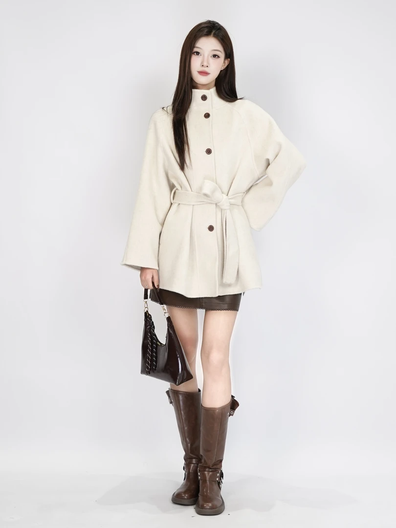 [街调]冬季保暖显气质中长款双面呢大衣短款简约百搭外套秋冬毛呢