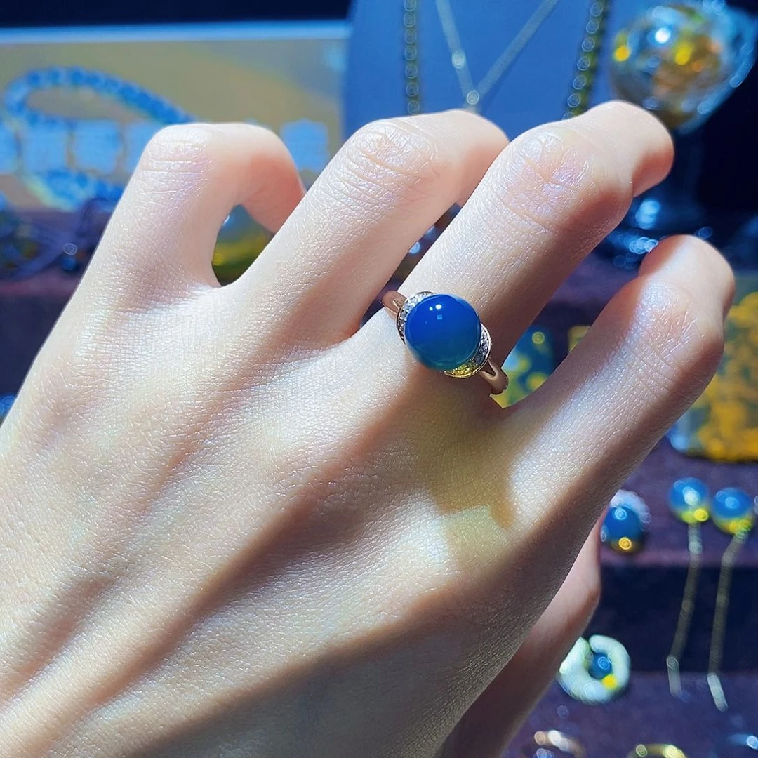 蓝珀银S925镀金镶嵌戒指高蓝净水元宝福利款