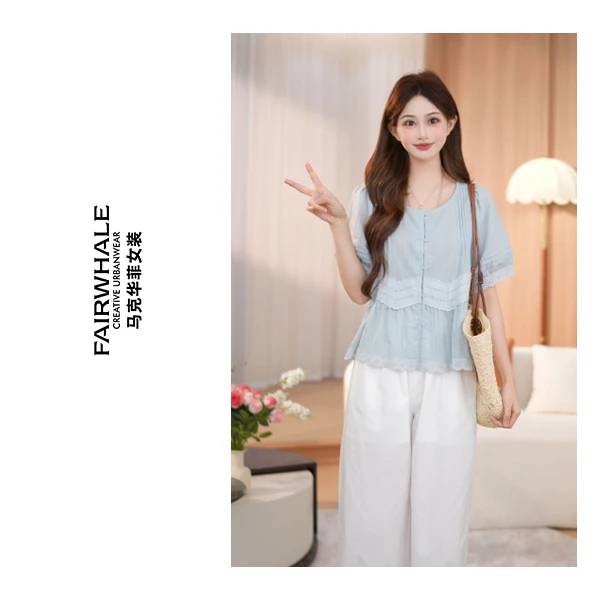 马克华菲女装夏季圆领衬衫法式拼接蕾丝花边小衫F52003A524 qq