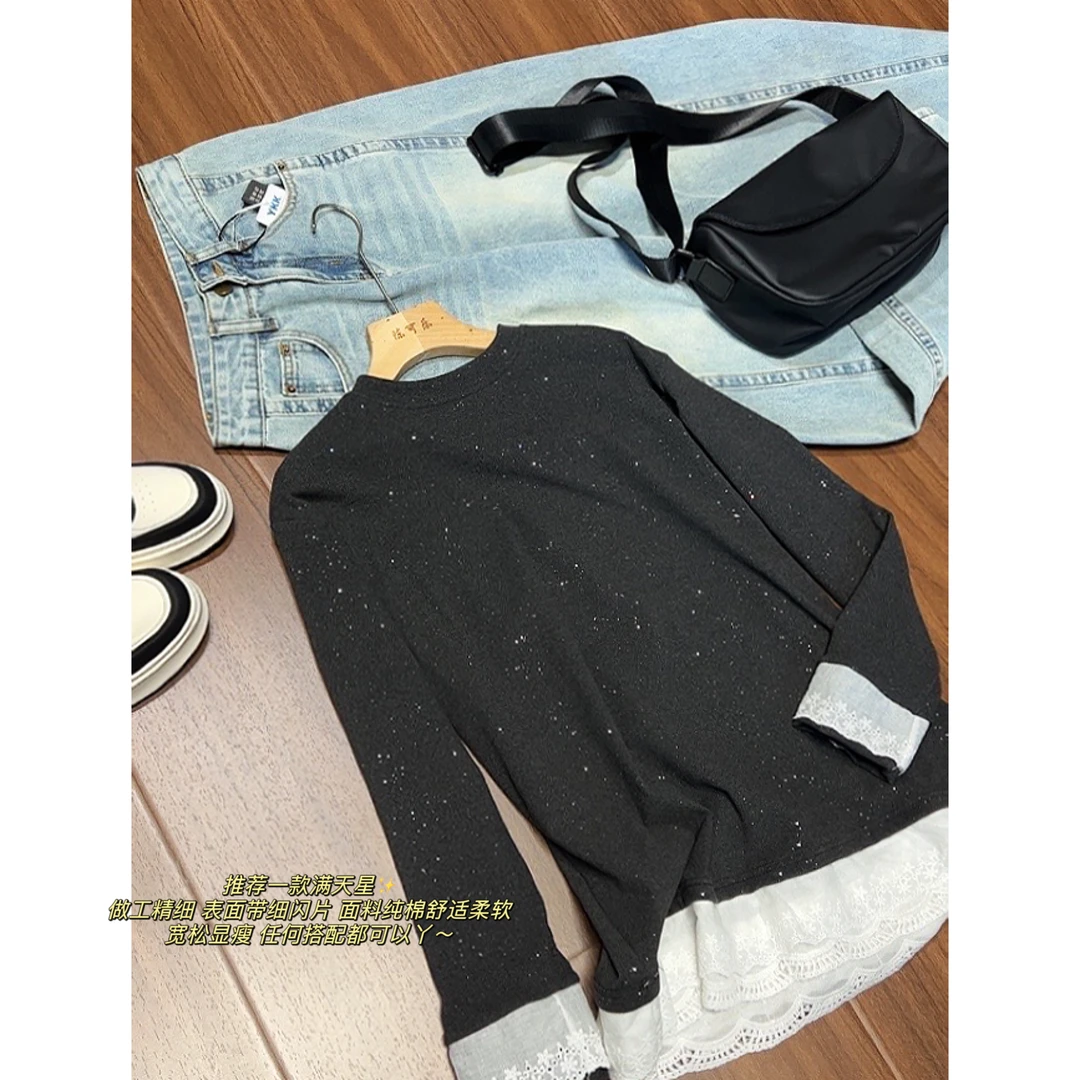 【星空】拼接蕾丝花边亮丝长袖T恤女韩系复古圆领打底衫-12239